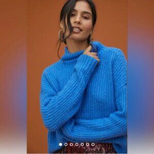 Anthropologie Cobalt Blue Funnel Neck Sweater Ribbed Mock Neck size small bright